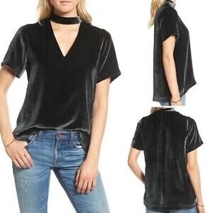 Madewell Choker Collar Short Sleeve Green Velvet Shirt Size Medium